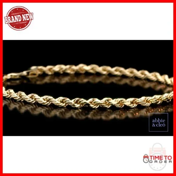 10K Gold Rope Chain Bracelet, 9 Inch, 5MM Width, Lightweight, Lobster Claw Clasp